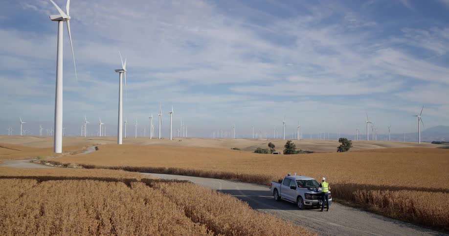 A wind farm engineer stands by his truck and reviews plans amid rows of spinning turbines in a rural, golden field