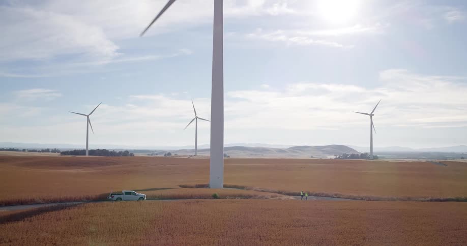 Aerial view of engineers walking through a vast golden field at a wind farm on a sunny day