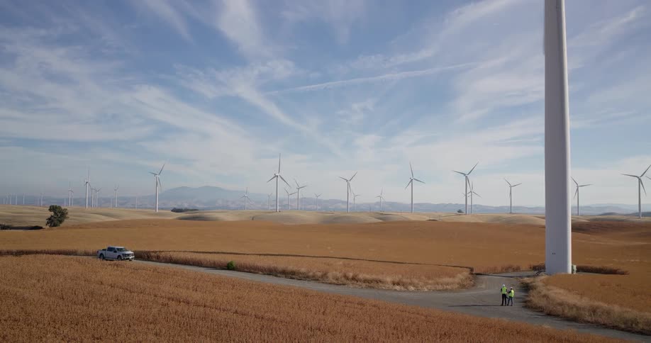 Two engineers walk along a dirt road at the base of a massive wind turbine on a sprawling wind farm across rolling golden fields