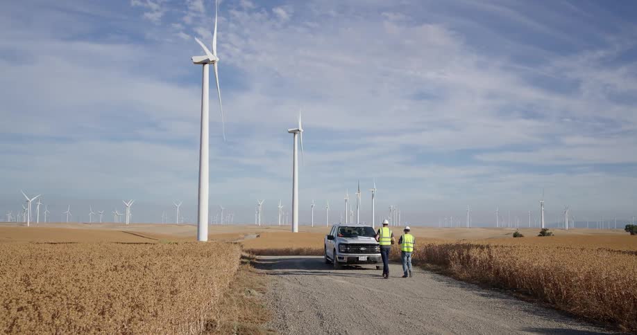 Two engineers walk down a gravel road to their truck and review plans at a sprawling wind farm in a golden field