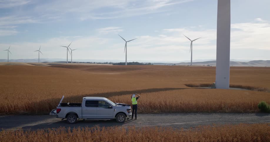 Aerial view of a wind turbine engineer reviewing plans on his truck in a vast, golden field of spinning windmills