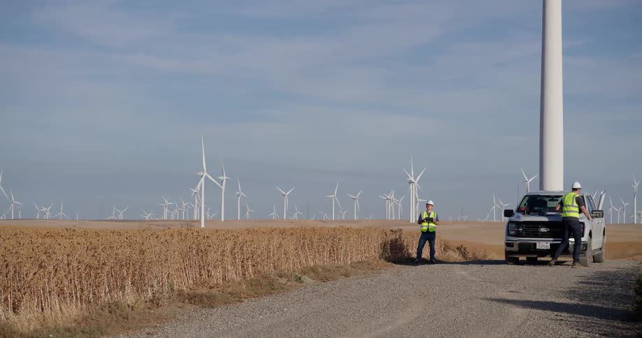 Two engineers conduct a site survey at a sprawling wind turbine farm on a sunny day