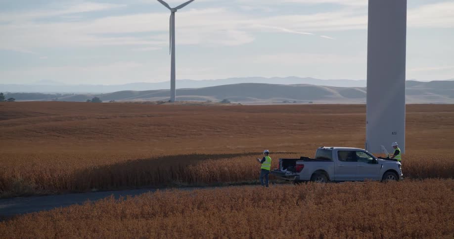 Two engineers work on a laptop resting on the hood of a pickup truck while performing maintenance at a wind farm in a vast golden field
