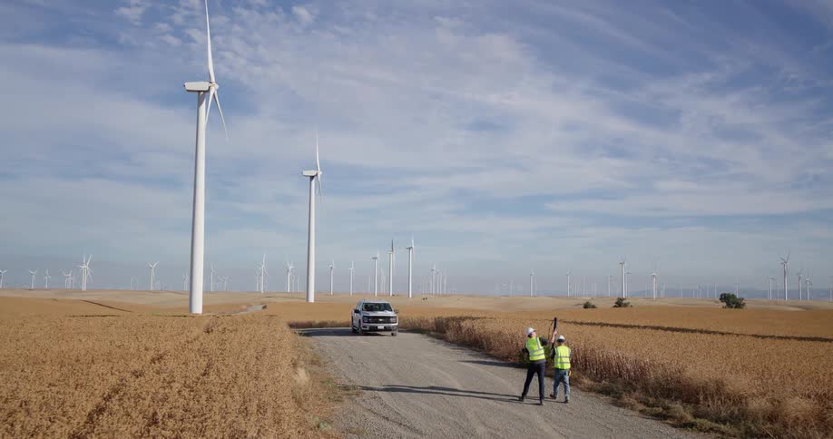 Two engineers in safety gear walk along a dirt road while inspecting a massive wind farm in a rural field