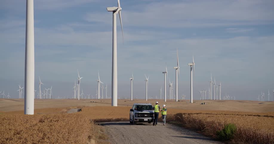 Two engineers discuss plans on the hood of their truck while working at a large-scale wind turbine farm in a rural field