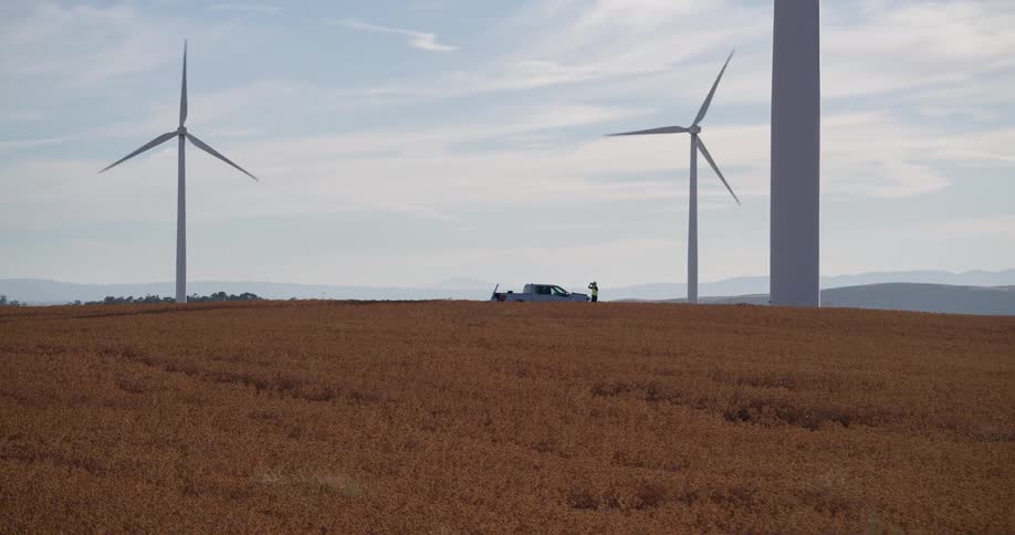 A technician observes large spinning wind turbines from a hilltop field next to their work truck on a sunny day