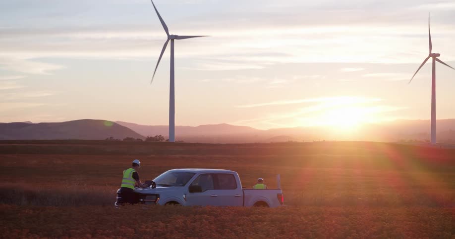 Two engineers work beside their truck in a vast field of a wind farm as the sun sets beautifully behind distant mountains