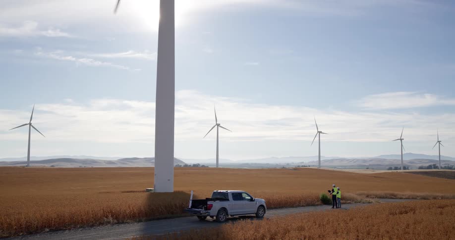 Two technicians survey a wind turbine farm on a sunny day, standing in a golden field next to their work truck
