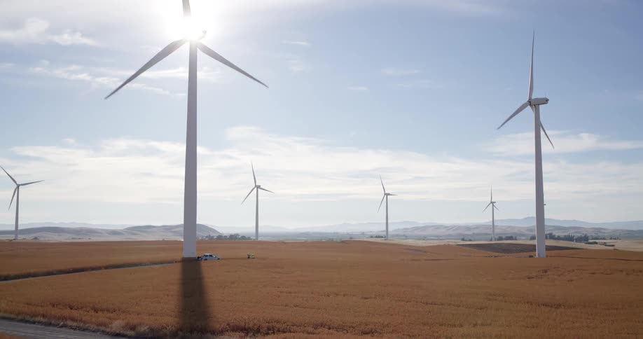 A field of large wind turbines spins in a golden field under a bright sun as technicians work at the base of one of the structures