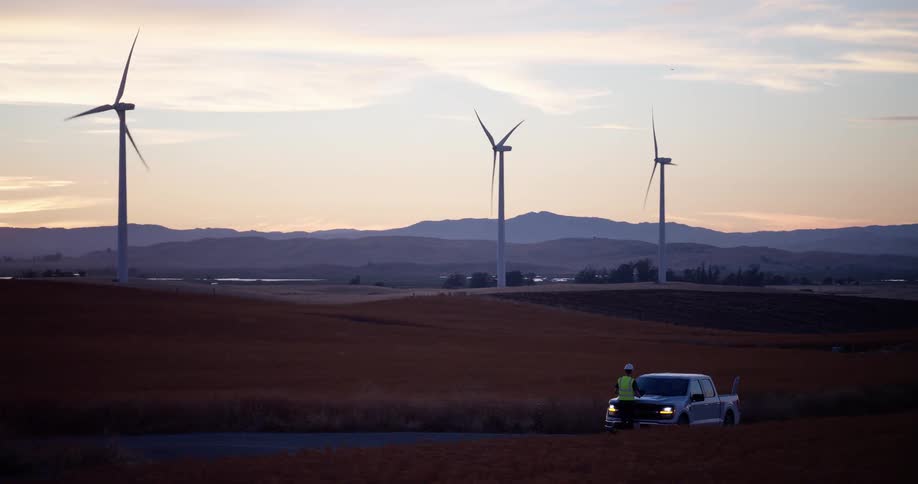 Wind turbine technicians review plans on their truck at a rural wind farm during a scenic sunset