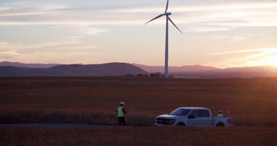 A wind turbine technician in a hard hat inspects a rural wind farm, walking back to his truck to work on a laptop as the sun sets over the hills