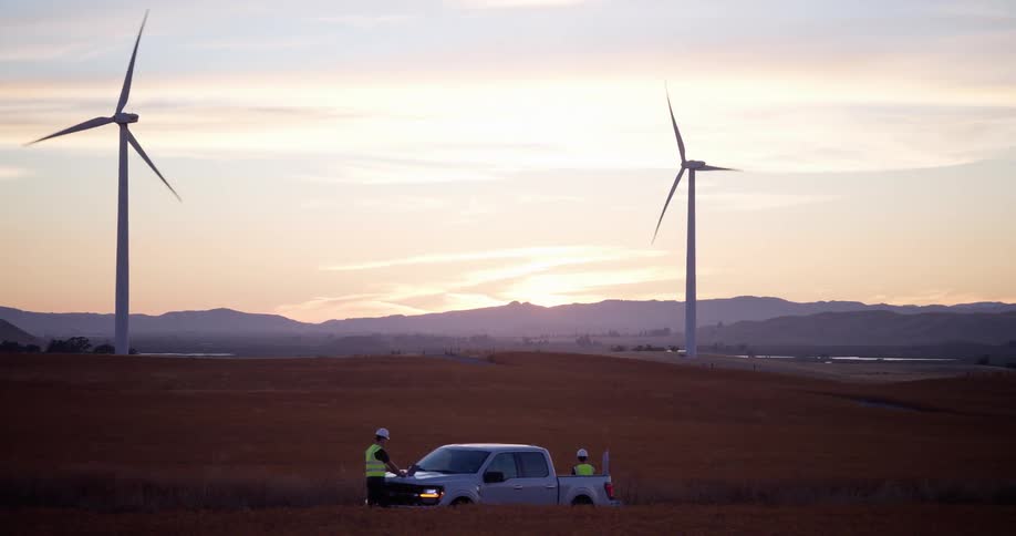 Engineers work in a field at a wind farm with large turbines spinning against a sunset sky