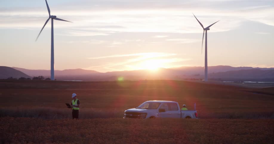 An engineer works on a laptop at a wind farm, standing in a field next to his truck as the sun sets