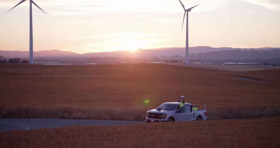 An energy worker stands by their truck watching the sunset over a wind farm in a vast golden field