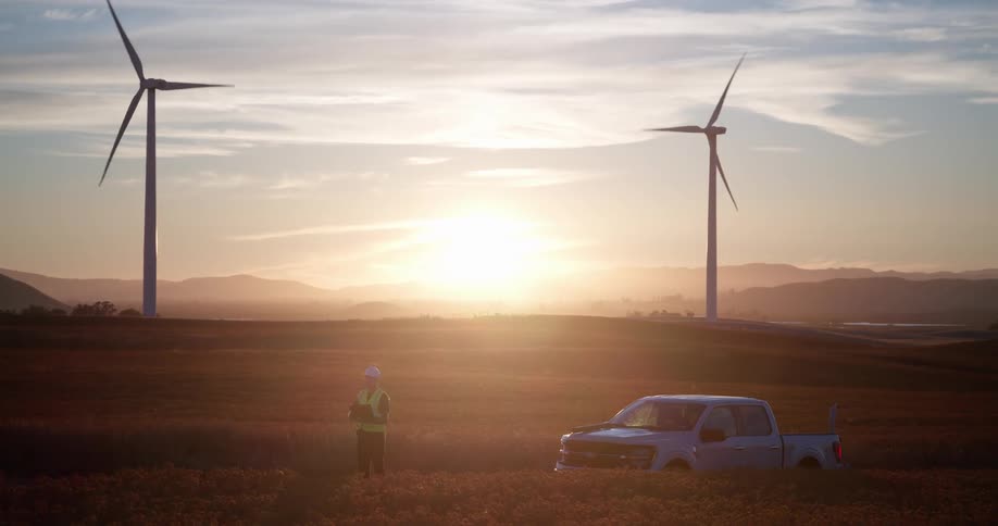An engineer stands next to his truck in a golden field, monitoring wind turbines as the sun sets