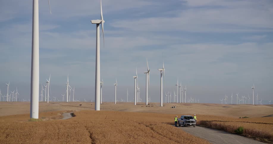 Technicians in a maintenance truck stop on a dirt road to service a massive wind farm in a golden field