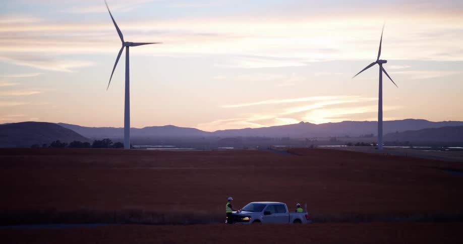 Wide shot of two wind turbine technicians by their truck in a field at a wind farm during a scenic sunset