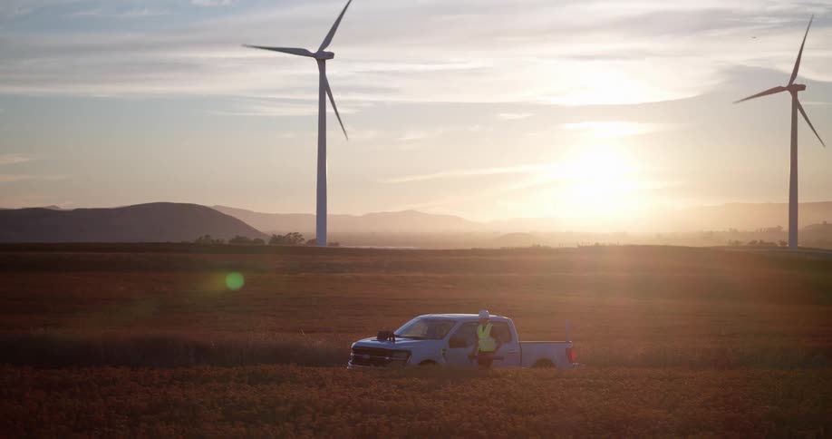 An engineer surveys a wind farm at sunset, standing next to a pickup truck in a vast golden field