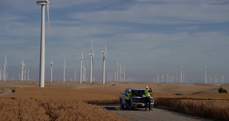 Two wind turbine engineers in safety gear review plans on the hood of their truck amidst a vast wind farm on rolling golden hills