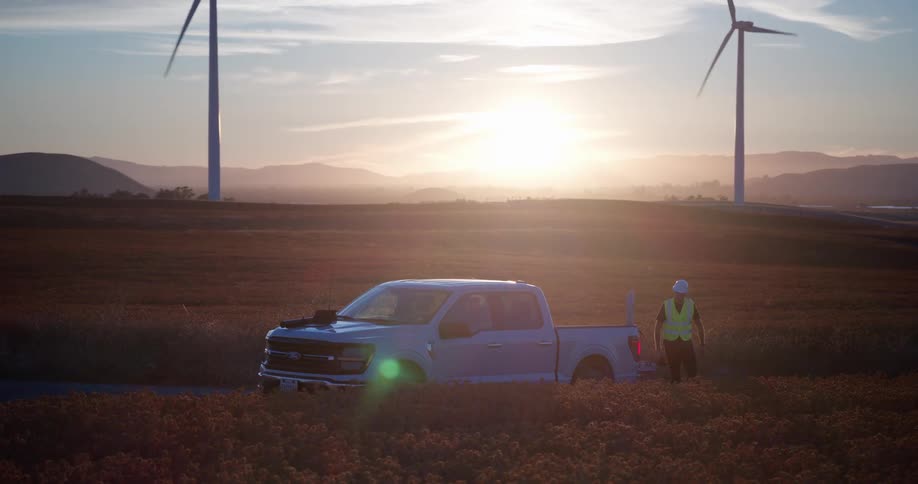 A technician surveys towering wind turbines in a vast rural field as the golden sun sets, eventually getting out of his truck to continue his inspection