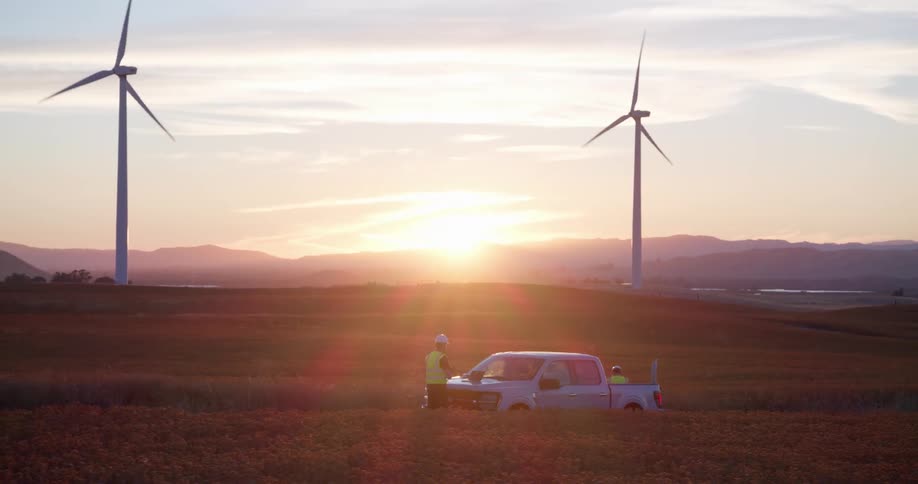 Engineers review plans by their truck on a wind farm with spinning turbines as the sun sets over the golden fields