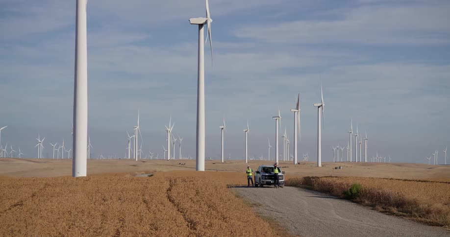Two engineers consult blueprints beside their truck amidst a sprawling wind farm on rolling golden hills