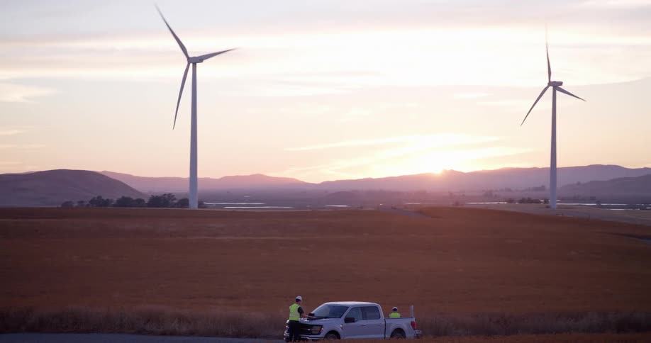 Engineers stand by their truck at a wind farm in a golden field during a beautiful sunset