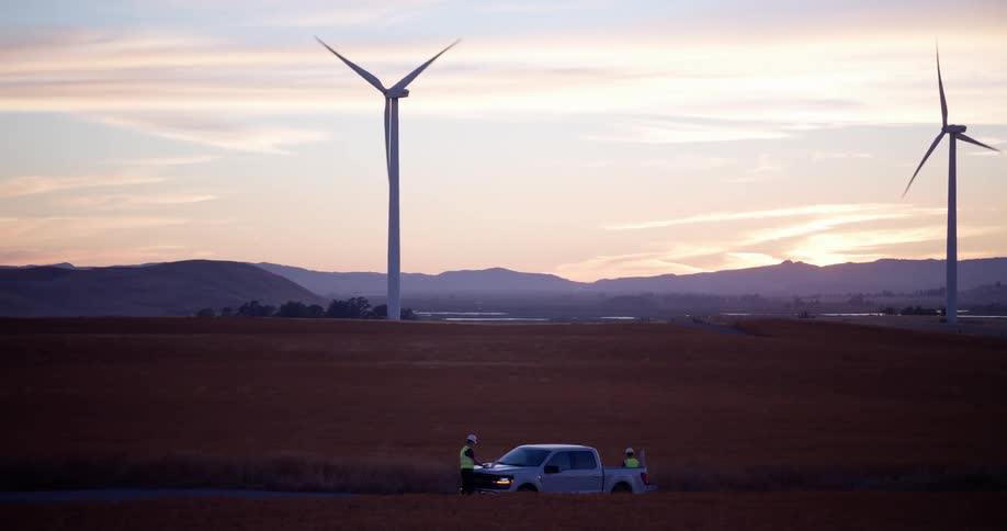 Wind turbine technicians pack up their truck and drive away from a wind farm in a rural field at sunset