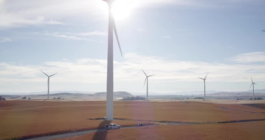 Engineers stand at the base of a towering wind turbine in a vast golden field on a sunny day at a wind farm