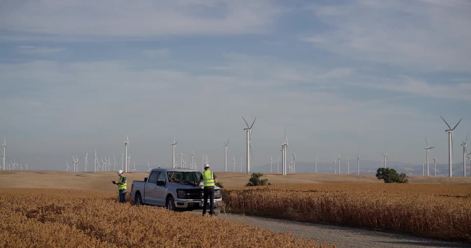 Two engineers consult plans on their truck in a vast golden field with a large wind farm in the background as the camera slowly zooms out