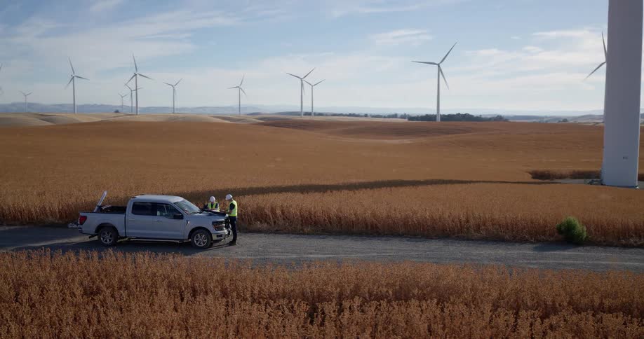 An aerial shot pans around two engineers working on a laptop on the hood of their truck at the base of a wind turbine, revealing an expansive wind farm