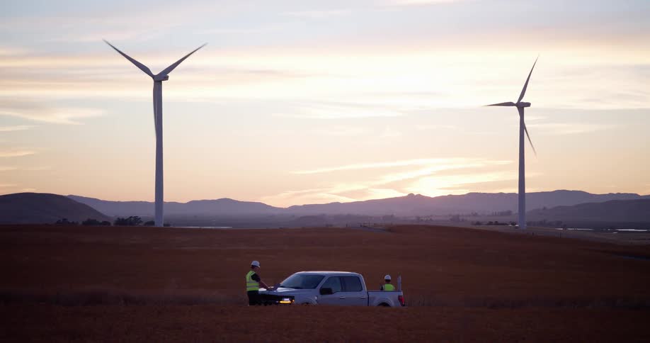 Wide shot of two engineers working by their truck in a field with large wind turbines spinning during a serene sunset