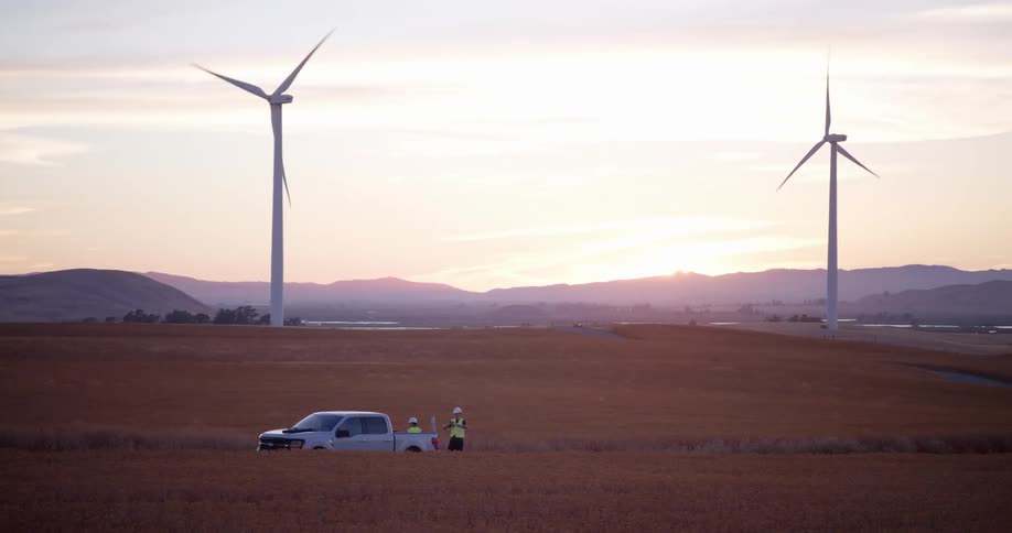 Wind turbine technicians work in a golden field at sunset, with a panoramic view of the wind farm and rolling hills in the background