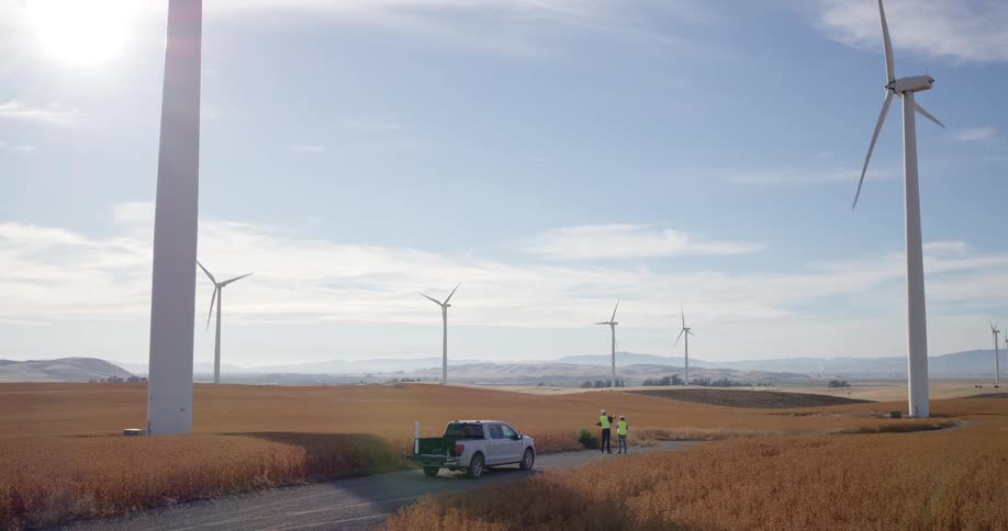 Two engineers in hard hats stand by their truck while inspecting large wind turbines on a sunny day in a rural wind farm