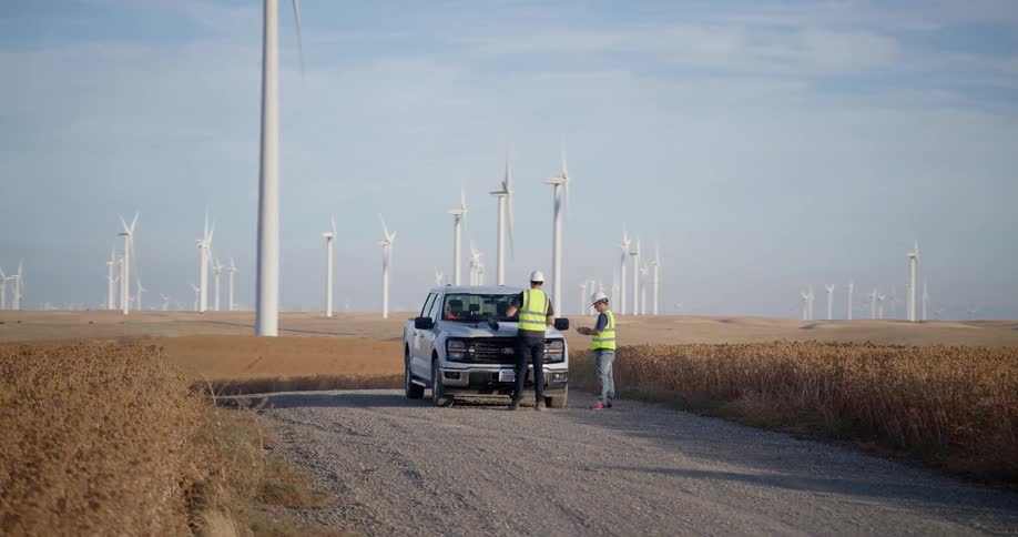 A rising aerial shot reveals two engineers working beside their truck on a vast wind farm spread across rolling golden hills at sunset
