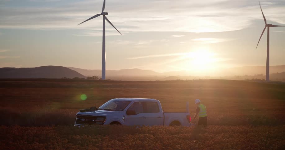 An engineer in a safety vest inspects wind turbines from his truck in a golden field during a beautiful sunset