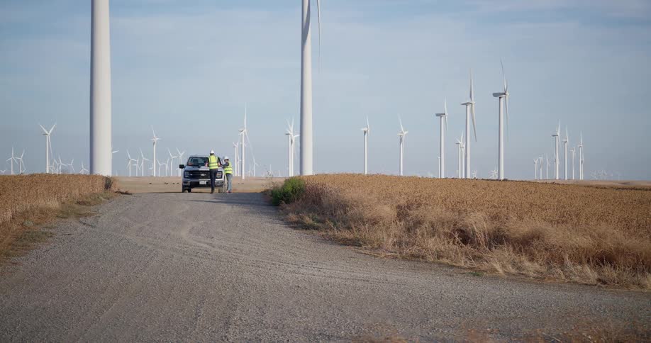 Pan of two wind energy engineers working next to their truck on a dirt road in a field full of turbines
