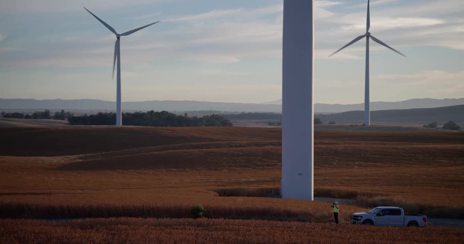 A wind turbine technician exits his truck to inspect a massive turbine in a golden field full of spinning windmills at sunset