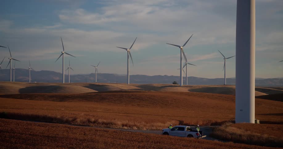 Workers stand by their truck at the base of a giant wind turbine as the camera pulls back to reveal an expansive wind farm across rolling golden hills at sunset