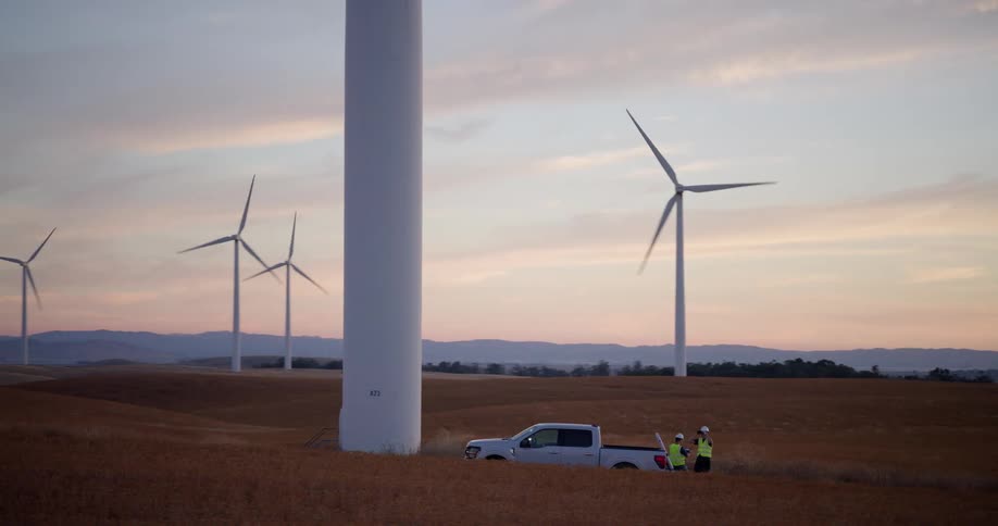 Aerial view pans out from two engineers with a truck at the base of a wind turbine to reveal a massive wind farm across the golden hills at sunset
