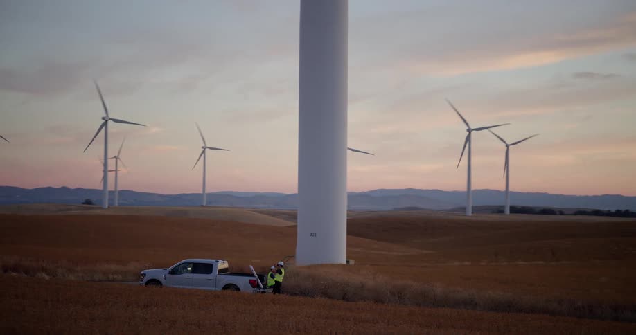 Two engineers in safety vests prepare their gear at a truck amidst a sprawling wind farm during a scenic sunrise