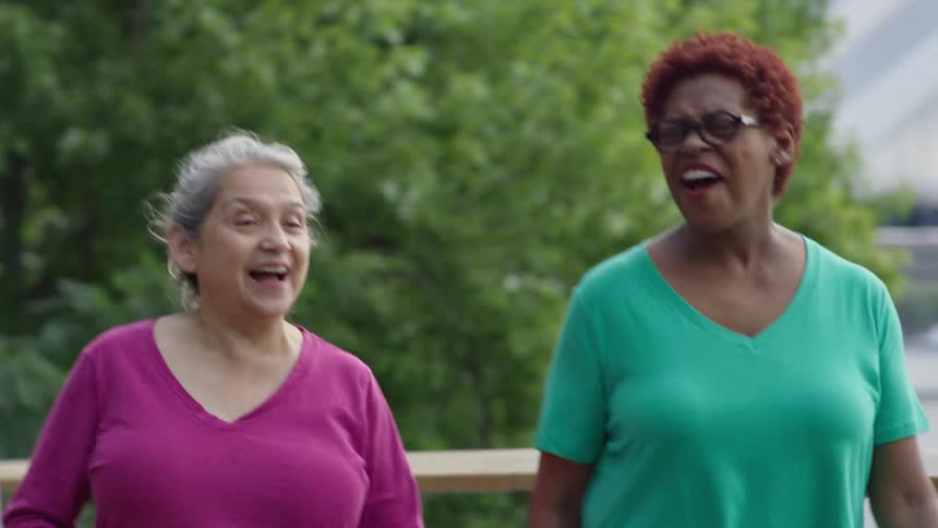 Slow motion shot of three happy, diverse women friends walking and talking together on a park boardwalk