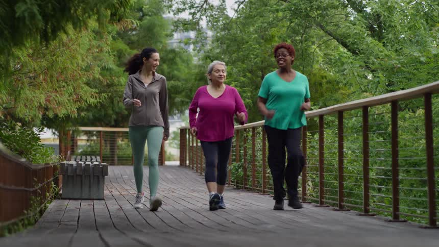 Three smiling, diverse women enjoy a healthy walk together across a wooden bridge in a lush green park