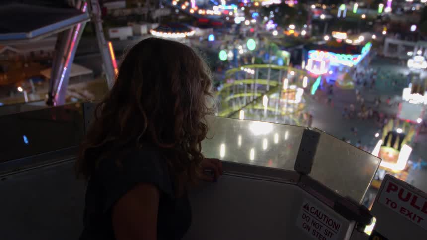 From the top of a Ferris wheel, a woman gazes down at the vibrant, glowing lights of a bustling amusement park at night