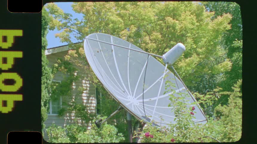 An old, large satellite dish sits in a verdant backyard on a sunny day, captured on vintage film