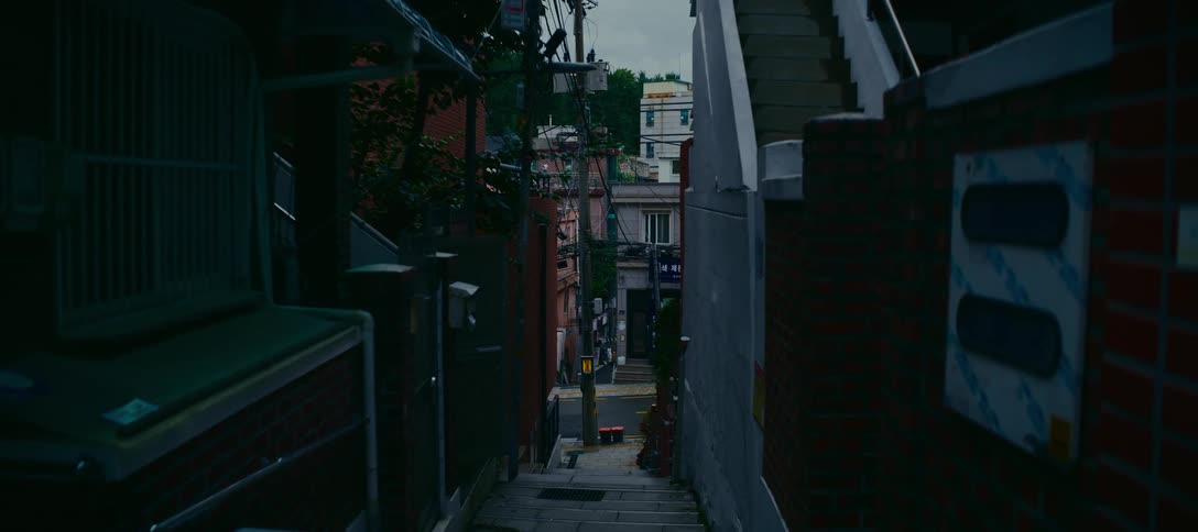 A long shot down a narrow city staircase leading to a street with light traffic on an overcast day