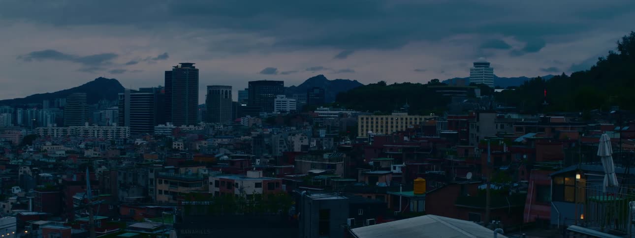 A dark and atmospheric wide shot of a sprawling city skyline and residential rooftops at dusk