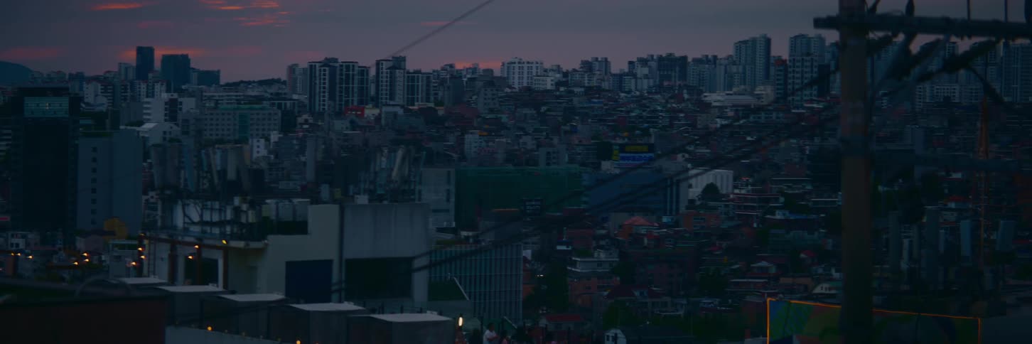 The skyline of a vast Asian metropolis is seen at dusk, with buildings silhouetted against the fading light