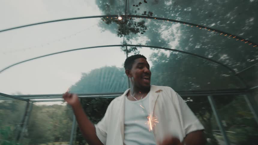 Low-angle shot of a cheerful Black man dancing with sparklers in a garden greenhouse during a twilight celebration