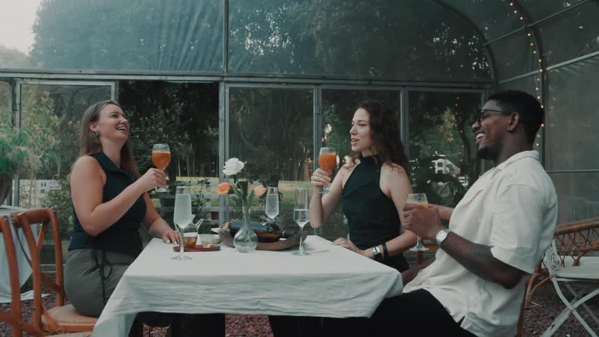 A happy group of diverse friends laughs and toasts with cocktails in slow motion during a dinner party in a beautiful greenhouse